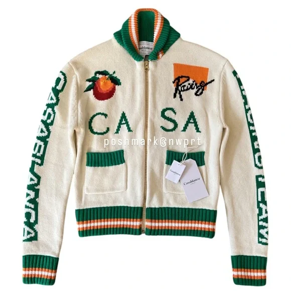 CASABLANCA 🐰 Casa Racing Knit Sweater Cardigan Off White Green Orange Rabbit XS - Picture 5 of 16